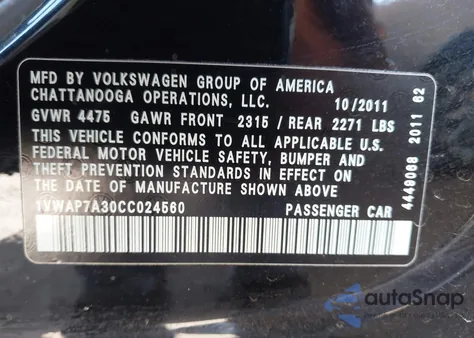 2012 Volkswagen Passat 2.5L S from USA, damaged, VIN 1VWAP7A30CC024560